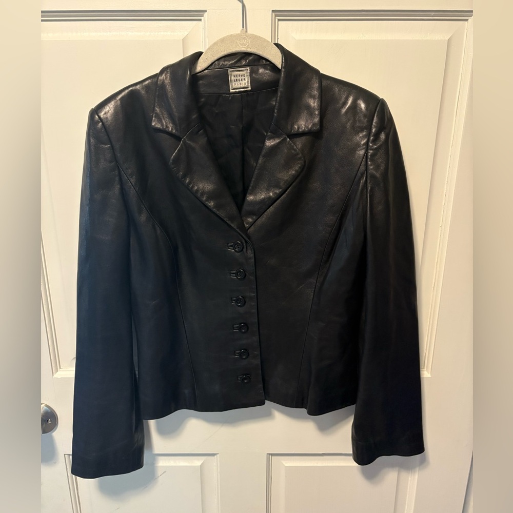 Herve Leger Paris black faux leather vintage women’s blazer jacket size m medium